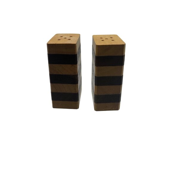 Square Wooden Salt & Pepper Shakers With Striped Design - Picture 3 of 5